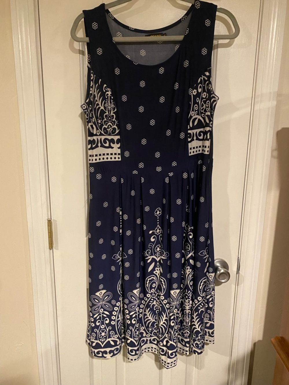 Reborn Navy and White Sleeveless Midi Dress with Floral Border Print